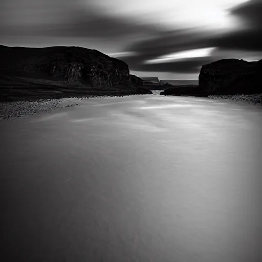 Image similar to minimalist black and white photograph of an icelandic valley, time exposure, of a river, sharp tall pillars, sharp rocks