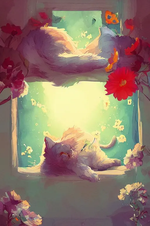 Image similar to a digital art of a cat sleeping in the room with flowers around in the afternoon, the sun shines in, storybook art, watercolor, detailed, cute, by anton fadeev, featured on artstation