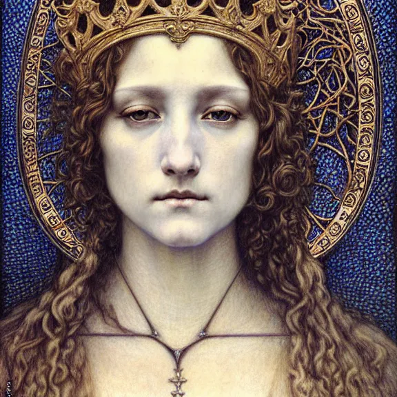 Image similar to detailed realistic beautiful young medieval queen face portrait by jean delville, gustave dore and marco mazzoni, art nouveau, symbolist, visionary, gothic, pre - raphaelite. horizontal symmetry