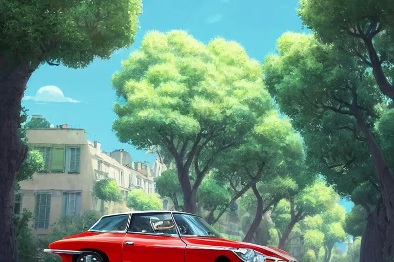 Prompt: a wholesome animation key shot of!! one!! focused!! 1 9 7 4 citroen ds!! in a tree lined beautiful paris street, medium shot, studio ghibli, ( pixar ) and disney animation, sharp, very detailed, high resolution, rendered in unreal engine 5, anime key art by greg rutkowski, bloom, dramatic lighting