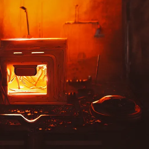 Image similar to toaster oven terminator robot, dark messy smoke - filled cluttered workshop, dark, dramatic lighting, orange tint, sparks, cinematic, highly detailed, sci - fi, futuristic, movie still