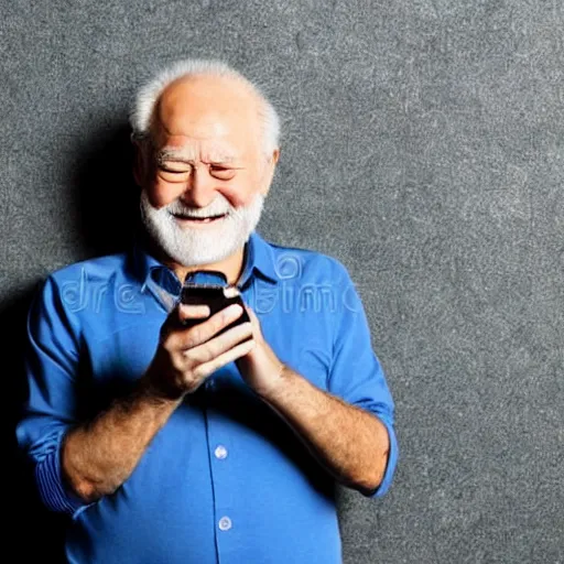 Image similar to hide the pain harold looking down and holding a phone in his hands, smiling, stock photo, professional lighting