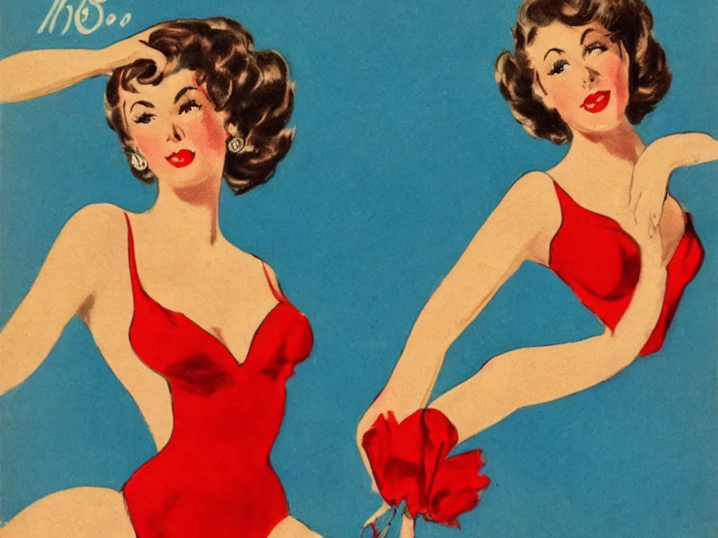Prompt: 1950s vintage art of a beautiful model with dark curly hair and round blue eyes in a red swimsuit, high quality, highly detailed, vintage art, 1950s, vivid