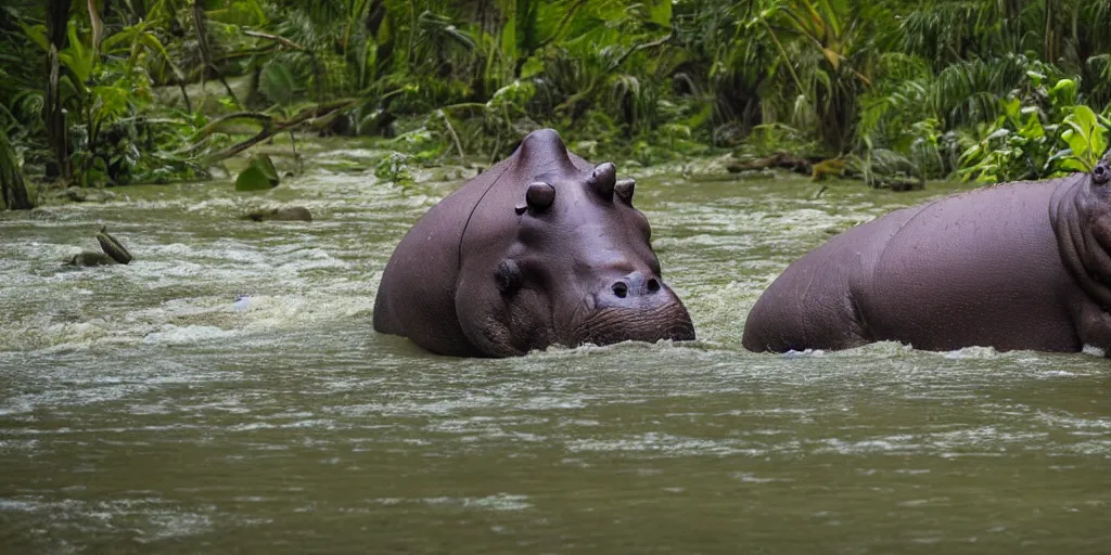 Image similar to a hippo with large wings in a river in the jungle. extremely high fidelity, ominous natural lighting