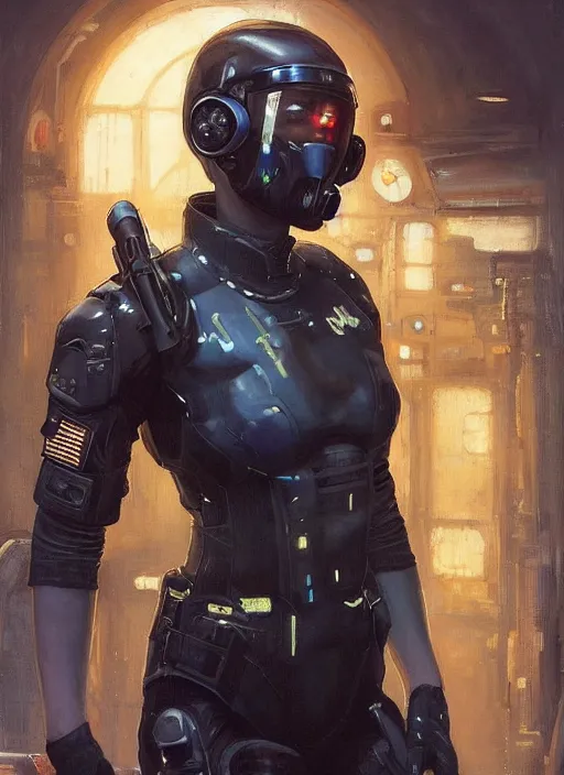 Image similar to Sgt. Sonya Igwe. Strong cyberpunk female USN marine wearing a military vest and military cyberpunk exo-suit (cyberpunk 2077, bladerunner 2049). gorgeous face. Iranian orientalist portrait by john william waterhouse and Edwin Longsden Long and Theodore Ralli and Nasreddine Dinet, oil on canvas. Cinematic, hyper realism, realistic proportions, dramatic lighting, high detail 4k