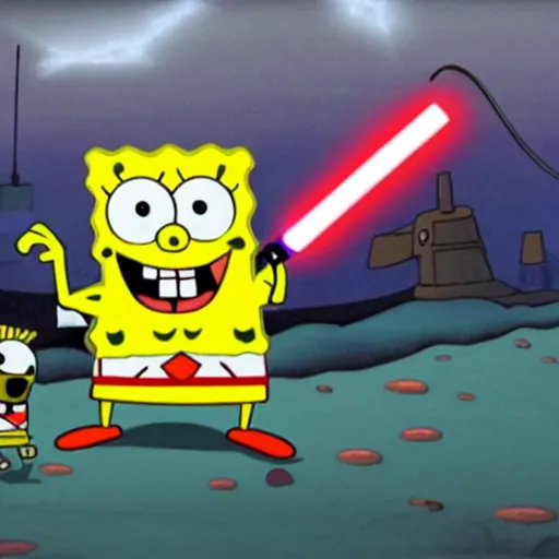 Image similar to spongebob squarepants as a star wars jedi holding a lightsaber