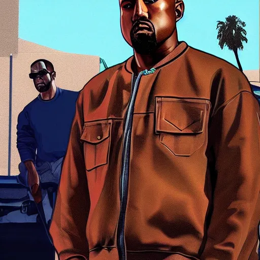 Prompt: Kanye West in GTA V cover art, loading screen art by Stephen Bliss, box art