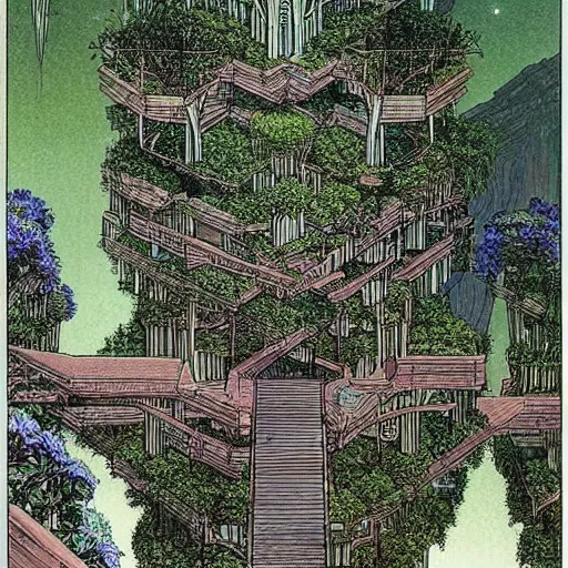 Prompt: the babylonian hanging gardens by moebius