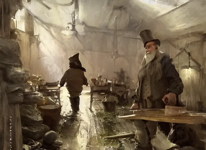 Image similar to oil painting, scandinavian gnome, dwarf, small with gray clothes, pointy top hat, in barn environment, hay and wooden tools, high detailed art by anders zorn, wonderful masterpiece by greg rutkowski, beautiful cinematic light, american romanticism by greg manchess, creation by tyler edlin