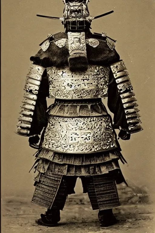 Image similar to “ grizzly bear in full ornate samurai armour, 1 9 0 0 ’ s photo ”