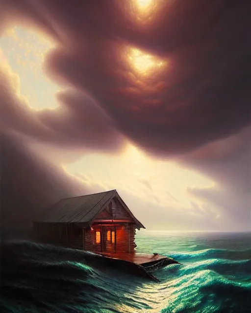 Prompt: a hyper - detailed 3 d render like an oil painting of cabin dreaming of the untamed ocean!!!!! surreal concept art, lifelike, photorealistic, digital painting, aesthetic, smooth, sharp focus, artstation hd, by greg rutkowski, bruce pennington, valentina remenar, rhads, asher duran,