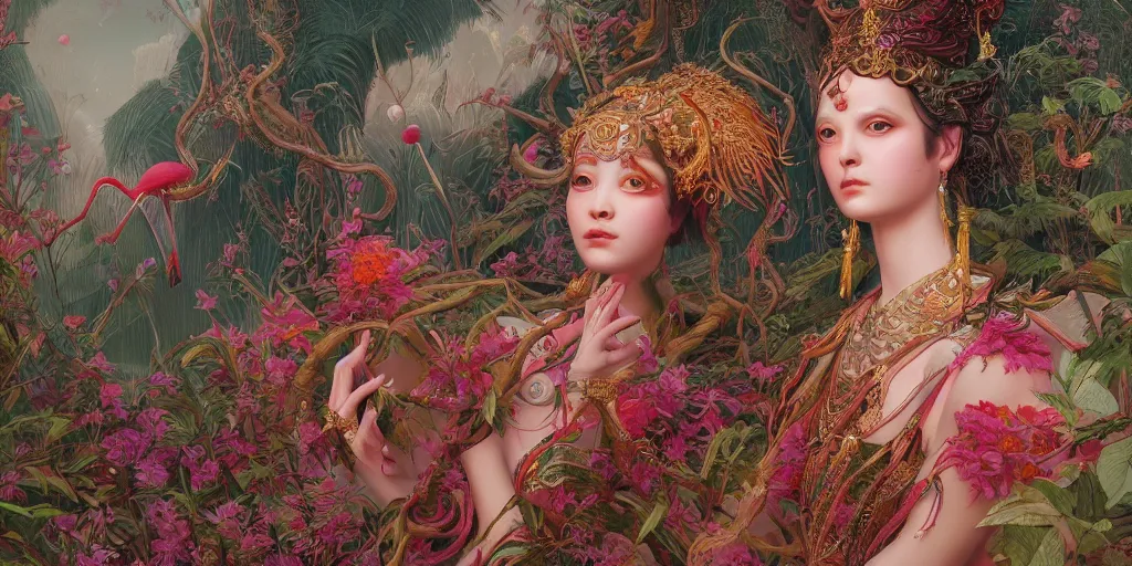 Image similar to breathtaking detailed concept art painting of the goddess of flamingo, orthodox saint, with anxious, piercing eyes, ornate background, amalgamation of leaves and flowers, by Hsiao-Ron Cheng and John James Audubon, extremely moody lighting, 8K