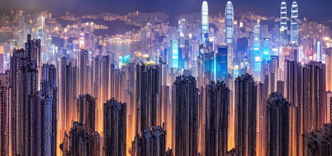 Prompt: Digital photo of a futuristic cyberpunk Hong Kong Skyline, 4K photo, award winning