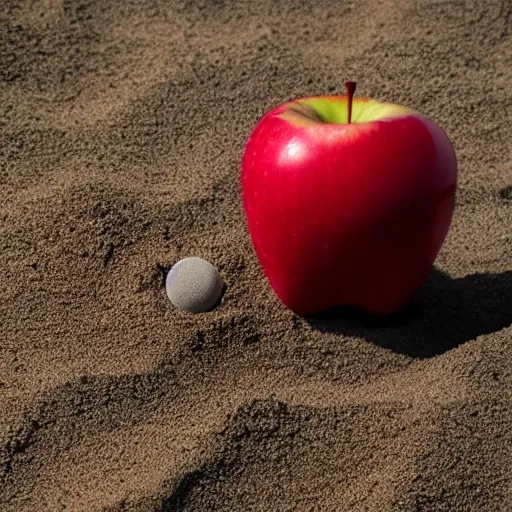 Image similar to A plastic apple in a exposure room exploding into thousands of grey sand pieces flying in all directions, the grey sand pieces leave a gray sand trail, 40nm lens, shallow depth of field, split lighting, 4k,