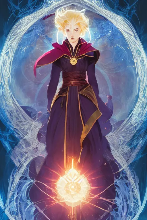 Image similar to anime key visual of a beautiful young female doctor strange, marvel comics, spells, magic, intricate, magical village, stunning, highly detailed, digital painting, artstation, smooth, hard focus, illustration, art by artgerm and greg rutkowski and alphonse mucha