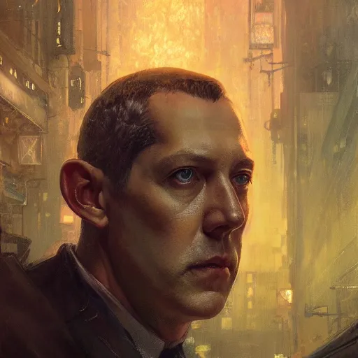 Image similar to , h p lovecraft hyperrealistic portrait, bladerunner street, art of elysium by jeremy mann and alphonse mucha and greg rutkowski, fantasy art, photo realistic, dynamic lighting, artstation, poster, volumetric lighting, very detailed face, 4 k, award winning