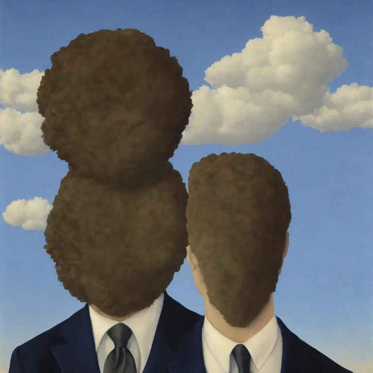 Image similar to portrait of a faceless shadow - head man with messy long hair in a suit, clouds in the background, by rene magritte, detailed painting, distance, middle centered, hd, hq, high resolution, high detail, 4 k, 8 k