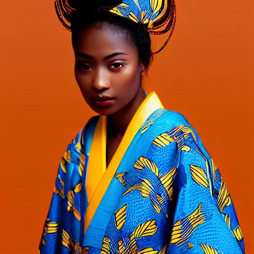 Prompt: “ upper - body portrait of a beautiful young african - asian female model wearing a kimono. golden hour. zeiss 1 5 0 mm f 2. 8 hasselblad, award - winning photo. ”