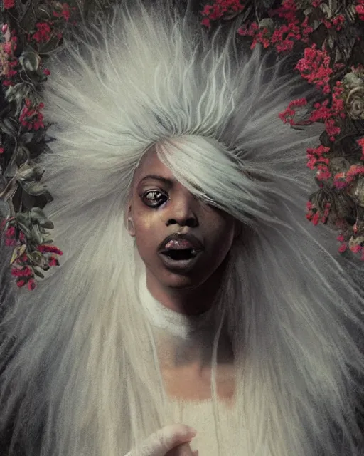 Image similar to a beautiful but creepy young black woman in layers of fear, with haunted eyes, violence in her eyes, crazy white hair, wearing a punk outfit, 1 9 7 0 s, seventies, delicate embellishments, a little blood, woodland, moonlight shining on wildflowers, painterly, offset printing technique, by alexandre cabanel