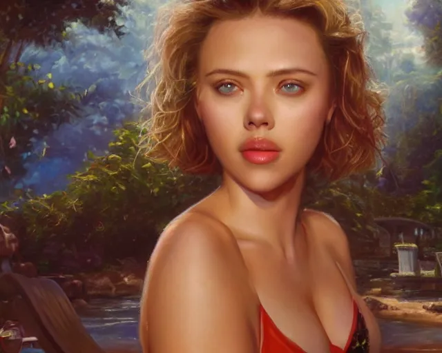 Image similar to portrait of scarlett johannson wearing a bikini at a park, an oil painting by ross tran and thomas kincade