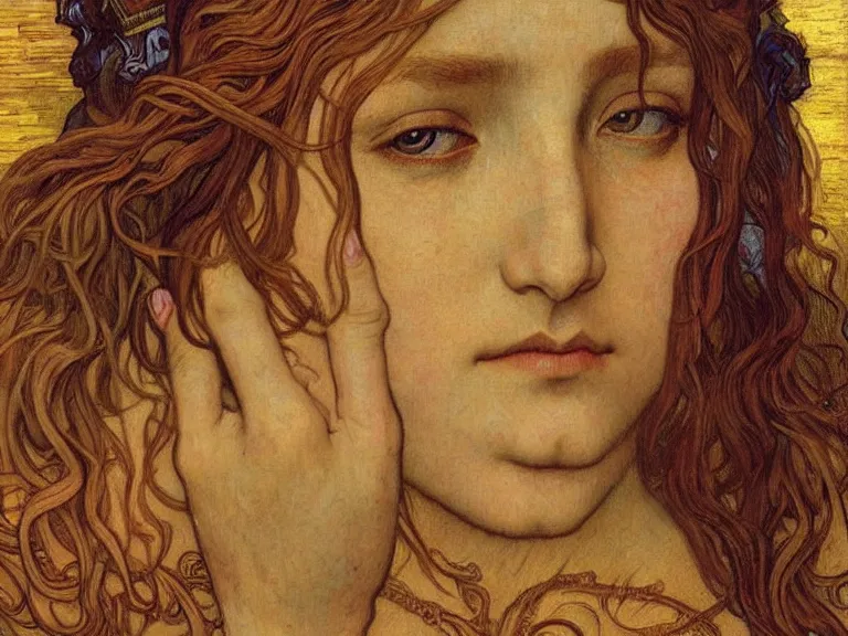 Image similar to detailed realistic beautiful young medieval queen face portrait by jean delville, alphonse mucha, vincent van gogh, and marco mazzoni, art nouveau, symbolist, visionary, gothic, pre - raphaelite