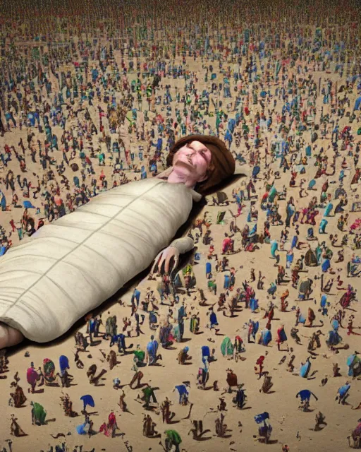 Image similar to the body of gulliver, a young man from the early 1 7 th century, lies unconscious on a lilliputian beach, surrounded by thousands of tiny lilliputians wearing strange clothes. gulliver is dressed in early 1 7 th century male clothing designed in the style of sandy powell. hyperreal and cinematic, trending on artstation, gulliver ’ s travels