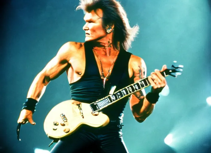 Image similar to publicity photo still of patrick swayze in motley crue live on stage, 8 k, live concert lighting, mid shot