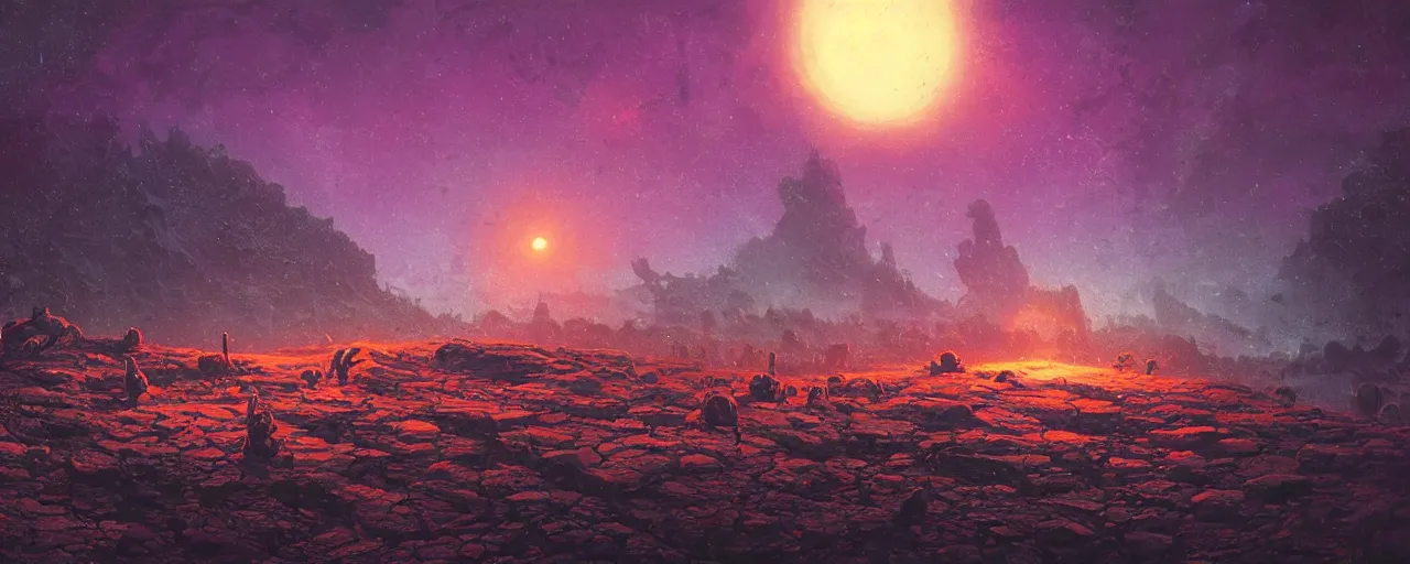 Prompt: ” night at a desolate outer planet made of barren black rock with cats in the ground, [ cinematic, detailed, epic, widescreen, opening, establishing, mattepainting, photorealistic, realistic textures, octane render, art by paul lehr ] ”