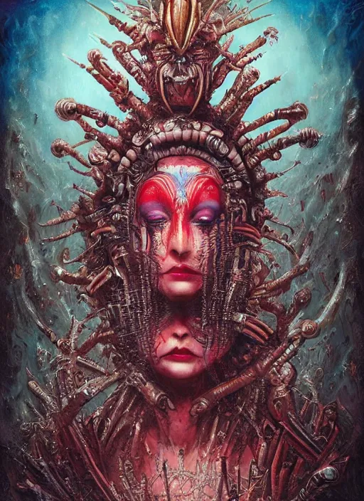 Image similar to queen of hearts, aztec god, alien, highly detailed, cinematic, 8 k, by megan duncanson, benjamin lacombe, adrian borda, stanley artgermm, tom bagshaw, craig mullins, carne griffiths, ayami kojima, beksinski, giger, trending on deviantart, hyper detailed, horror, full of colour