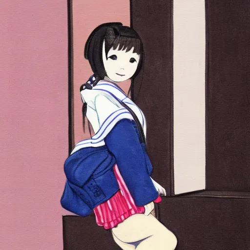 Image similar to a painting of Japanese schoolgirl, clothed, cinematic