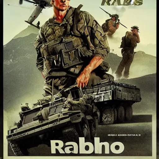 Image similar to rambo movie posters with soldiers, military trucks, helicopters, explosions