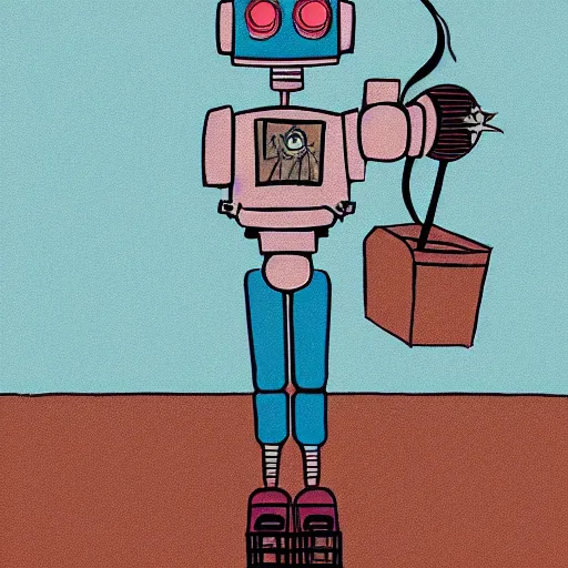 Prompt: A cute cartoon looking robot girl (or guy; your choice), standing and looking up at the sky. Illustration done in parody of works by Hayao Miyazaki.