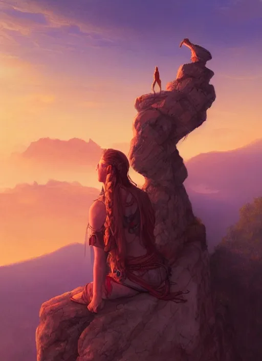 Image similar to an shaman sitting at the top of a cliff, looking down at the valley, doing a vision quest, beautiful sunset, art by charlie bowater