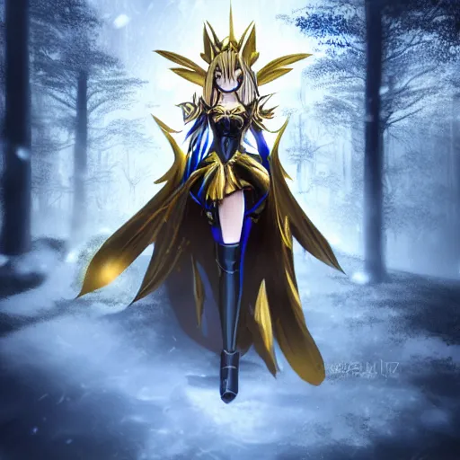 Image similar to focus face portrait of beautiful darkness knight 3D anime girl, golden armor wearing, dark forest background, snowing, bokeh, inspired by Masami Kurumada, digital painting, high contrast, unreal engine render, volumetric lighting, high détail