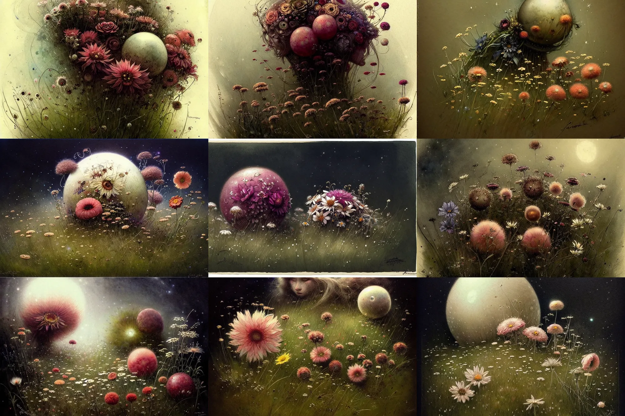 Prompt: ( ( ( ( ( beautiful spheres of grass and flowers float in the dark space ) ) ) ) ) by jean - baptiste monge!!!!!!!!!!!!!!!!!!!!!!!!!!!, dark mood, overdetailed art