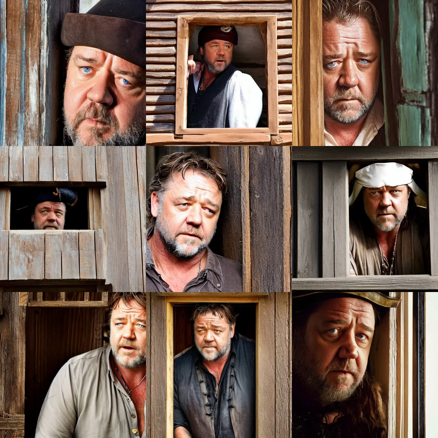 Prompt: russell crowe with large pirate hat peering out concerned down to camera from a small window in a wooden wall