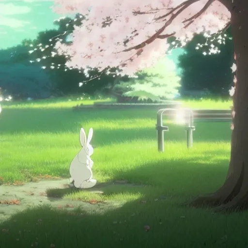 Image similar to A group of white bunny rabbits under the cherry tree, Makoto Shinkai
