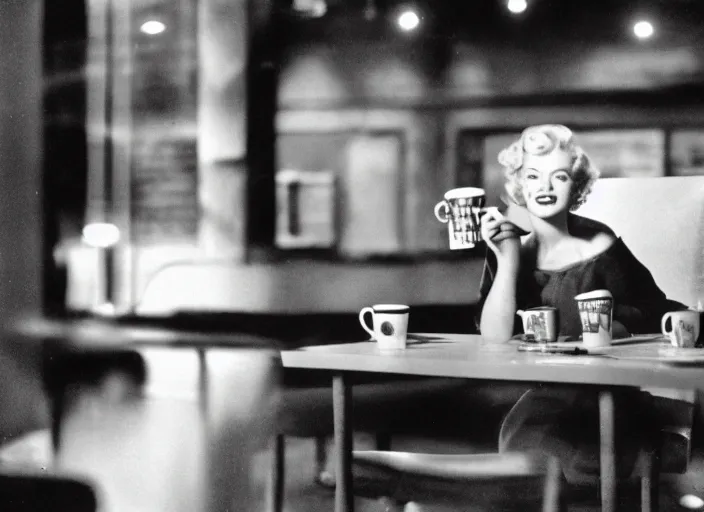 Image similar to A full-shot, color cinema film still of a marlin monroe drinking coffee at a starbucks, ambient lighting at night.