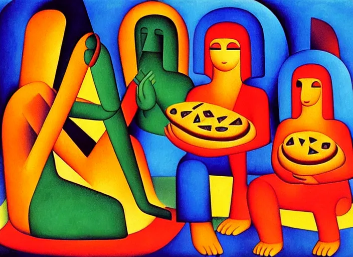 Image similar to a temple to pizza by Tarsila do Amaral