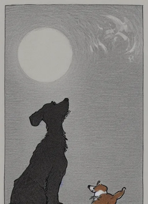 Image similar to jack russel dog silhouette howling at night, illustrated by peggy fortnum and beatrix potter and sir john tenniel