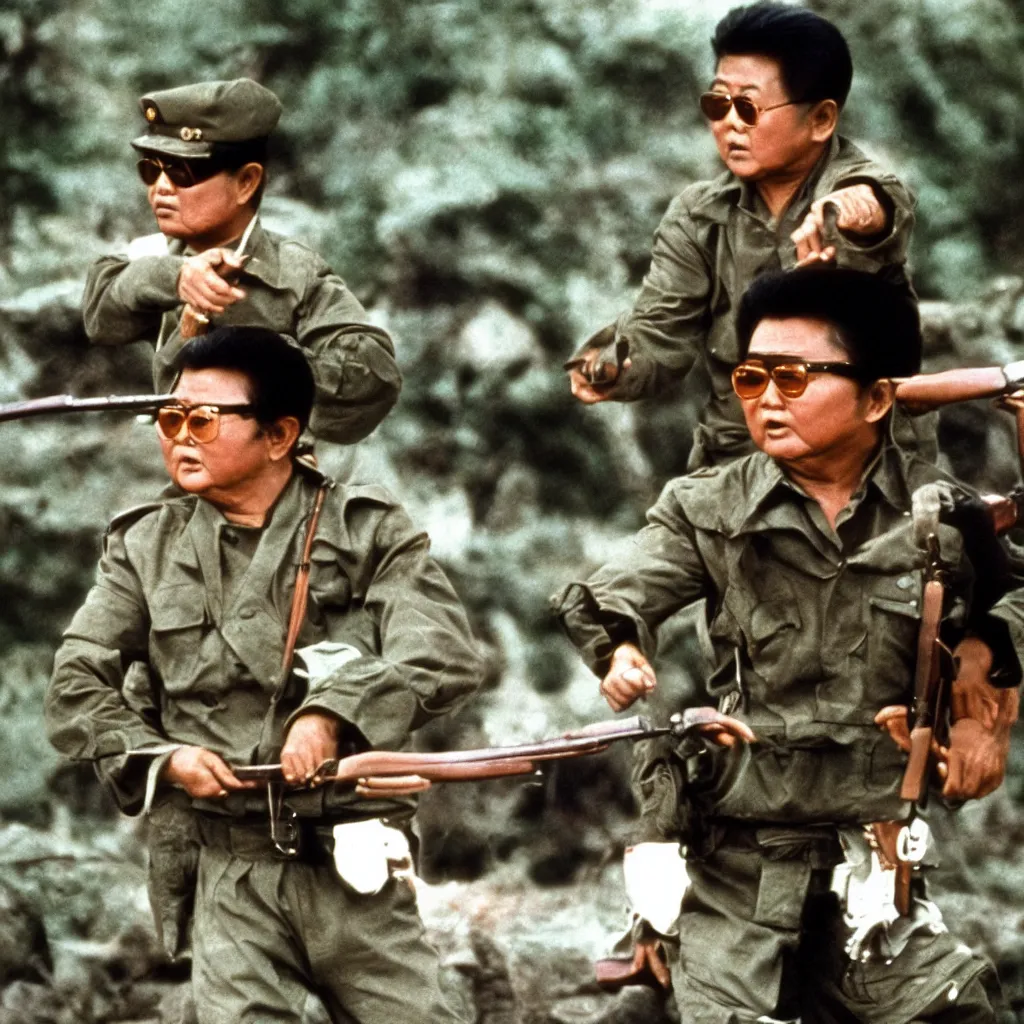 Image similar to filmstill of Kim Jong-il in the role of Rambo, cinemascope, Eastman Color Negative 50T 5251 Neg. Film