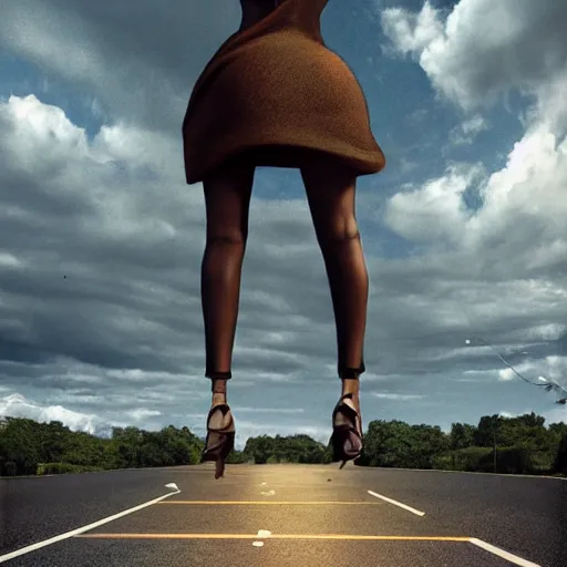 Prompt: a fashion model, creative, brown skin, digital art, photo manipulation, colossal, artstation, standing, giant, road, street, floor, ground