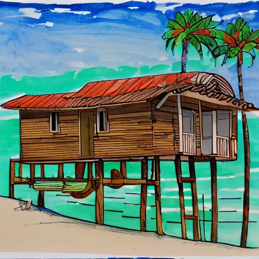 Prompt: imaginative drawing of a beach house, black ink outline, cel - shading, water color