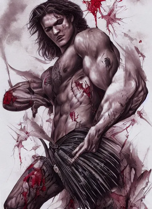 Image similar to Sam Winchester as a muscular angel with religious tattoos on chest and neck, stained and bleeding, magic overlays, urban fantasy book cover style, D&D dark fantasy style, sharp focus, ultra detailed, art by Artgerm and Peter Andrew Jones, Ayami Kojima, Amano and Olivier Ledroit
