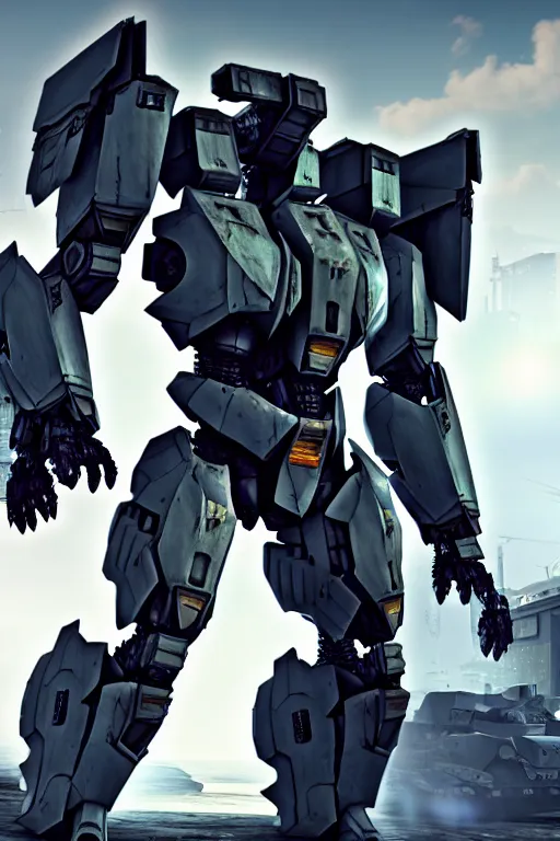 Image similar to hyper detailed 8 k cinematic still, rendering with volumetric lightning and ray tracing, show case of a skinny full body aggressive armored core jaeger from movie, weathering armor plating, decipticon armor plating, aggressive head, endoekeleton exposure