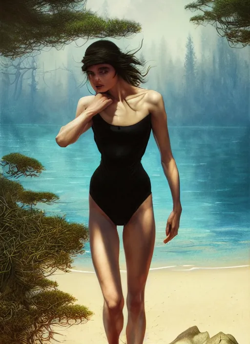 Prompt: in a stylish black swimsuit, on the sandy beach of a blue lake in a pine forest, hyperrealism, no blur, 4 k resolution, ultra detailed, style of tyler edlin, tom bagshaw, arthur rackham, ivan shishkin