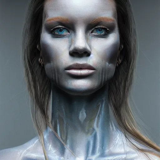 Image similar to half - electric woman, noise film photo, cute - fine - face, pretty face, oil slick hair, realistic shaded perfect face, extremely fine details, realistic shaded lighting, dynamic background, artgerm, 8 k ultra realistic, highly detailed, by pascal blanche, by beksinski, trending on artstation, 4 k