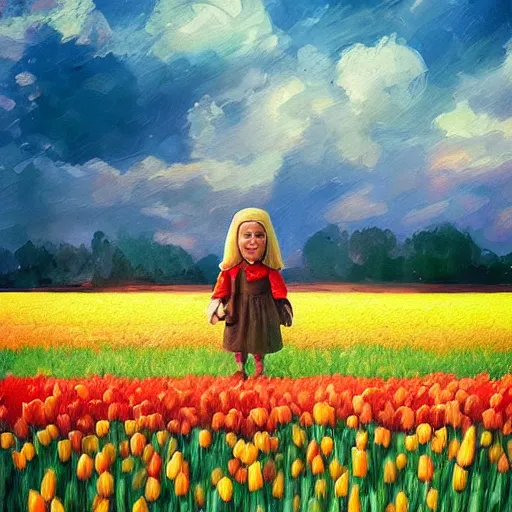 Image similar to dutch girl with singular giant tulip as a face, surreal photography, flower field, sunset dramatic light, impressionist painting, colorful clouds, blue sky, digital painting, artstation, simon stalenhag