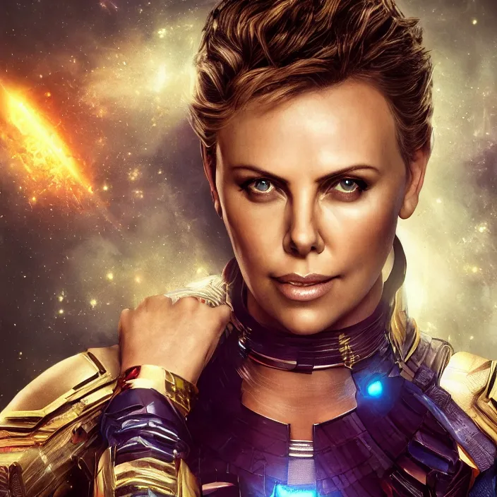 Image similar to portrait of (Charlize Theron), wearing The Infinity Gauntlet!! intricate artwork. octane render, trending on artstation, very coherent symmetrical artwork. thanos. cinematic, hyper realism, high detail, octane render, 8k, iridescent accents