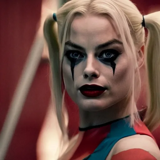 Image similar to Margot Robbie as real-life Harley Quinn, cinematic, Wide-shot, atmospheric lighting, directed by Quentin Tarantino, extreme detail, 8K, movie still